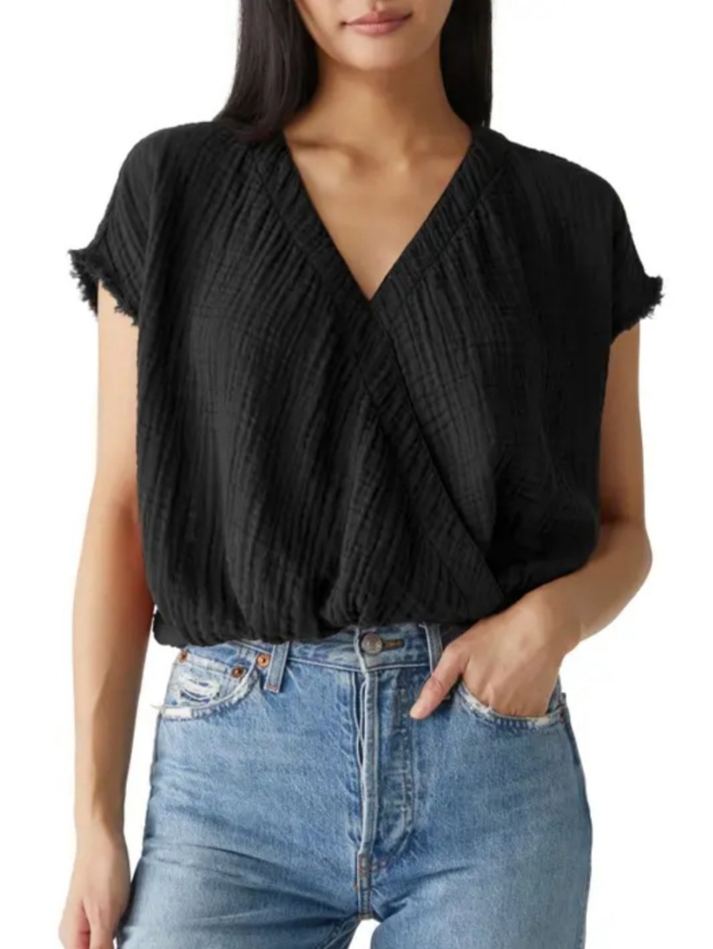 Michael Stars Evie Gauze Faux Wrap Top In Black, Size Small, NWOT